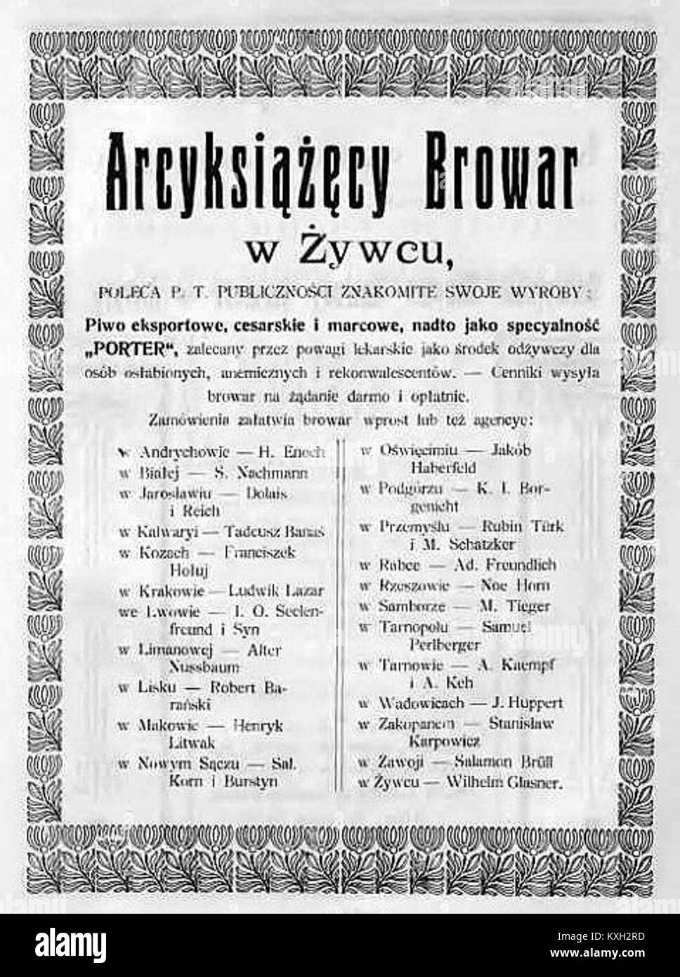Historical advertisement for Żywiec beer from 1912, showing branding, design, and promotional elements of the beverage. Stock Photo