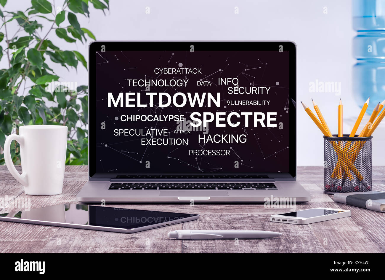 Meltdown and spectre threat concept on laptop screen in office workplace. Stock Photo