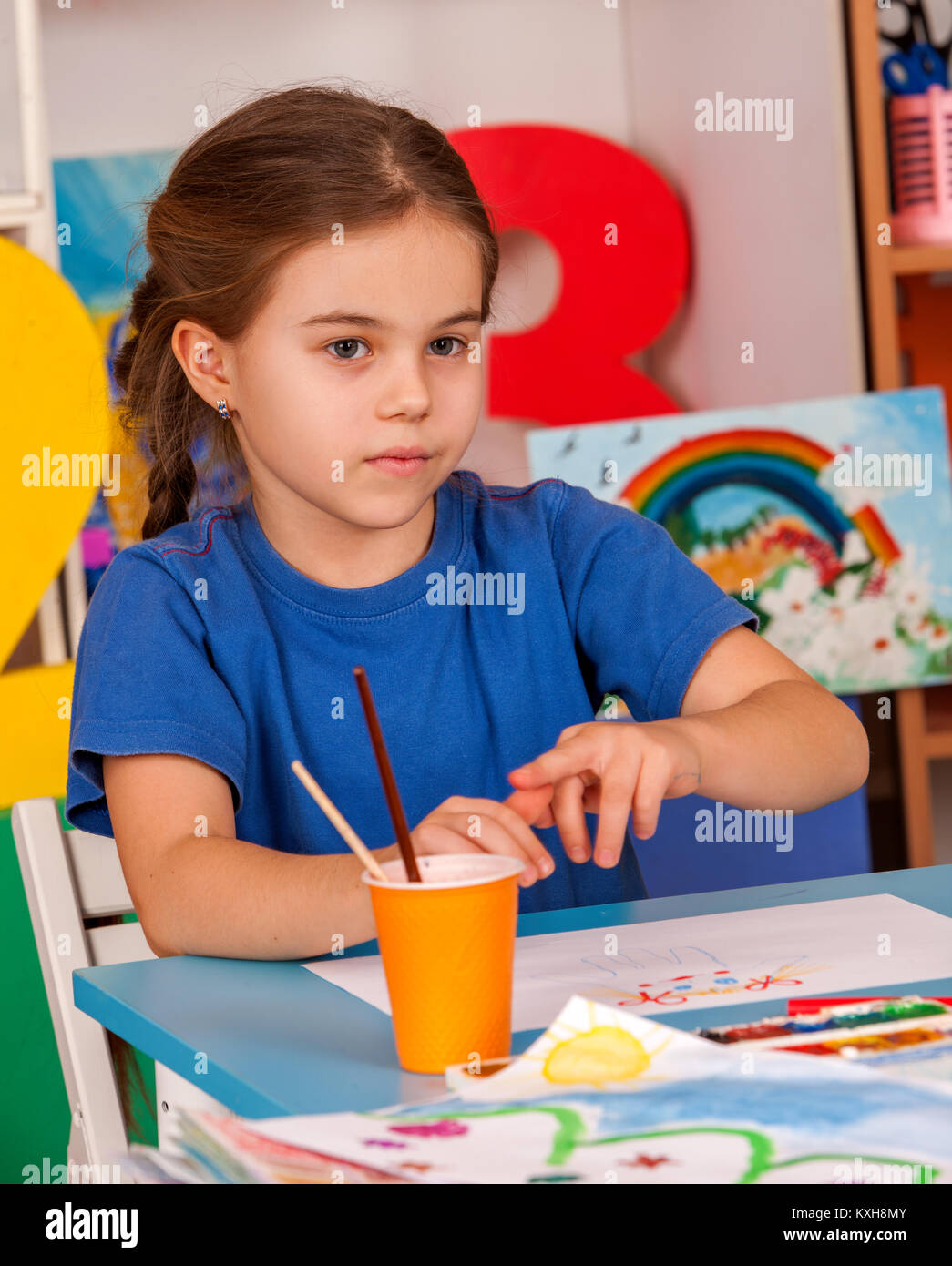 Small students children painting in art school class Stock Photo - Alamy