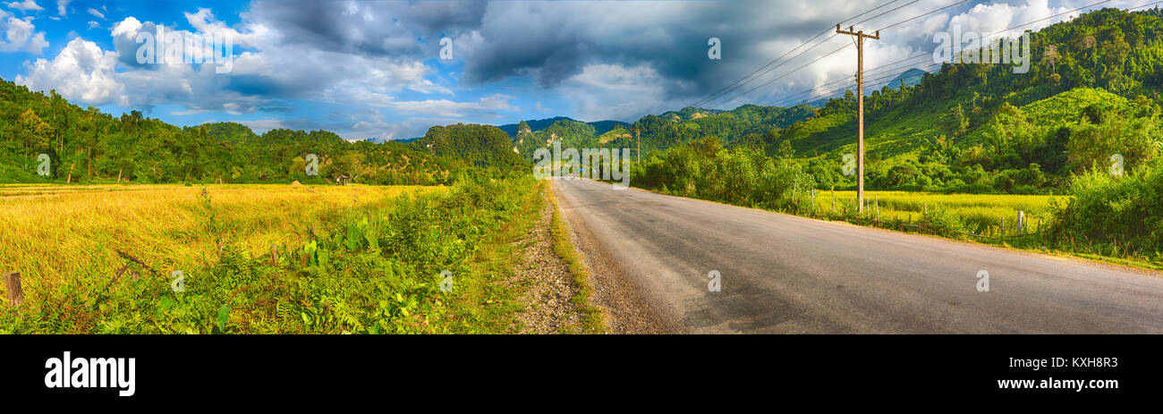 Road, rice field and mountains. Beautiful rural landscape. Vang Vieng ...