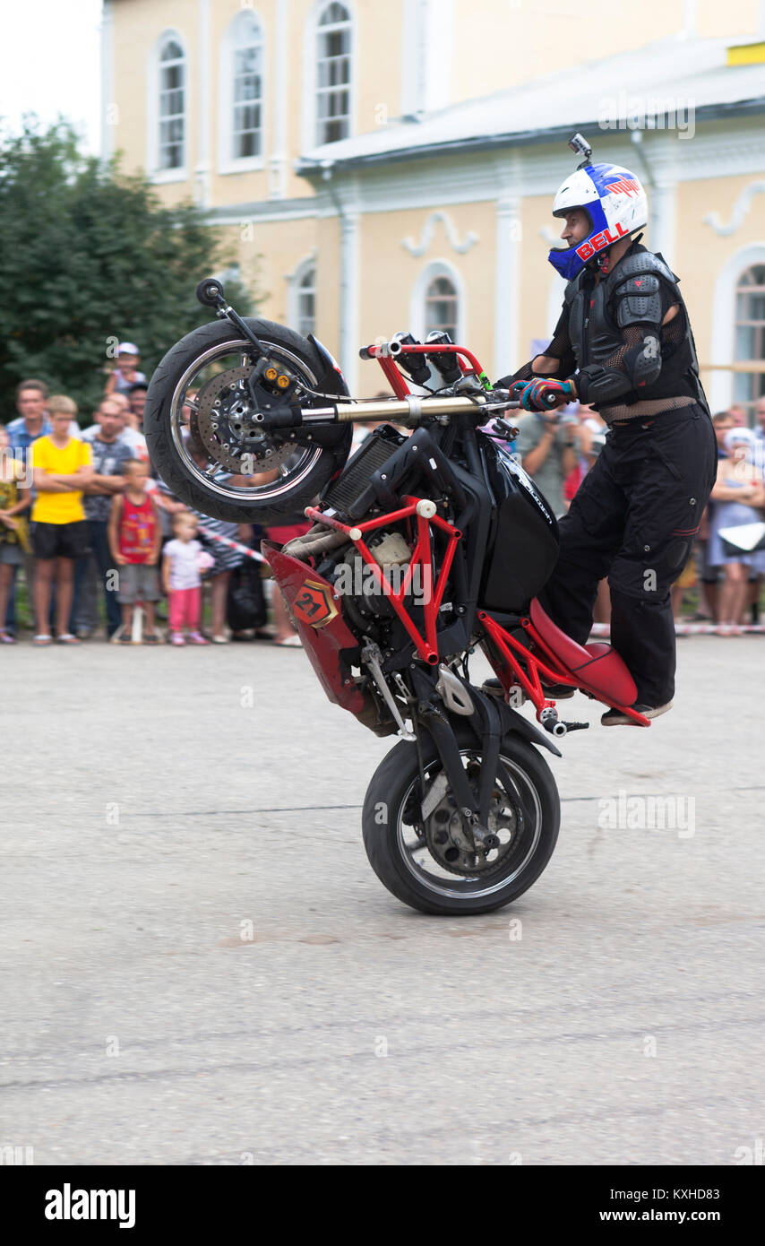 Verkhovazhye, Vologda region, Russia - August 10, 2013: Masterly control of the motorcycle Alexei Kalinin Stock Photo