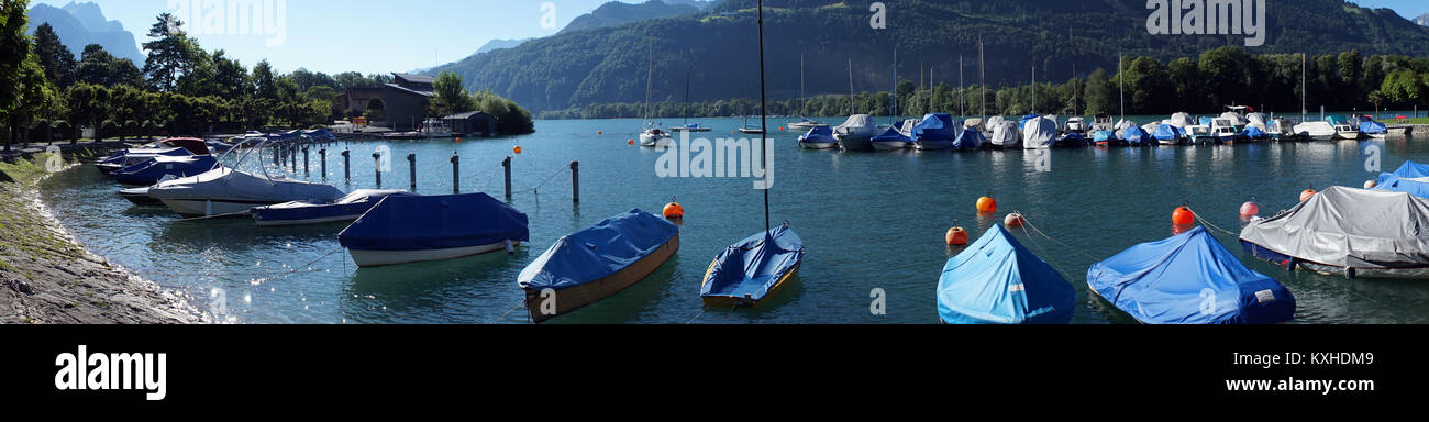 Yachts on the lake in Wessen in Switzerland Stock Photo