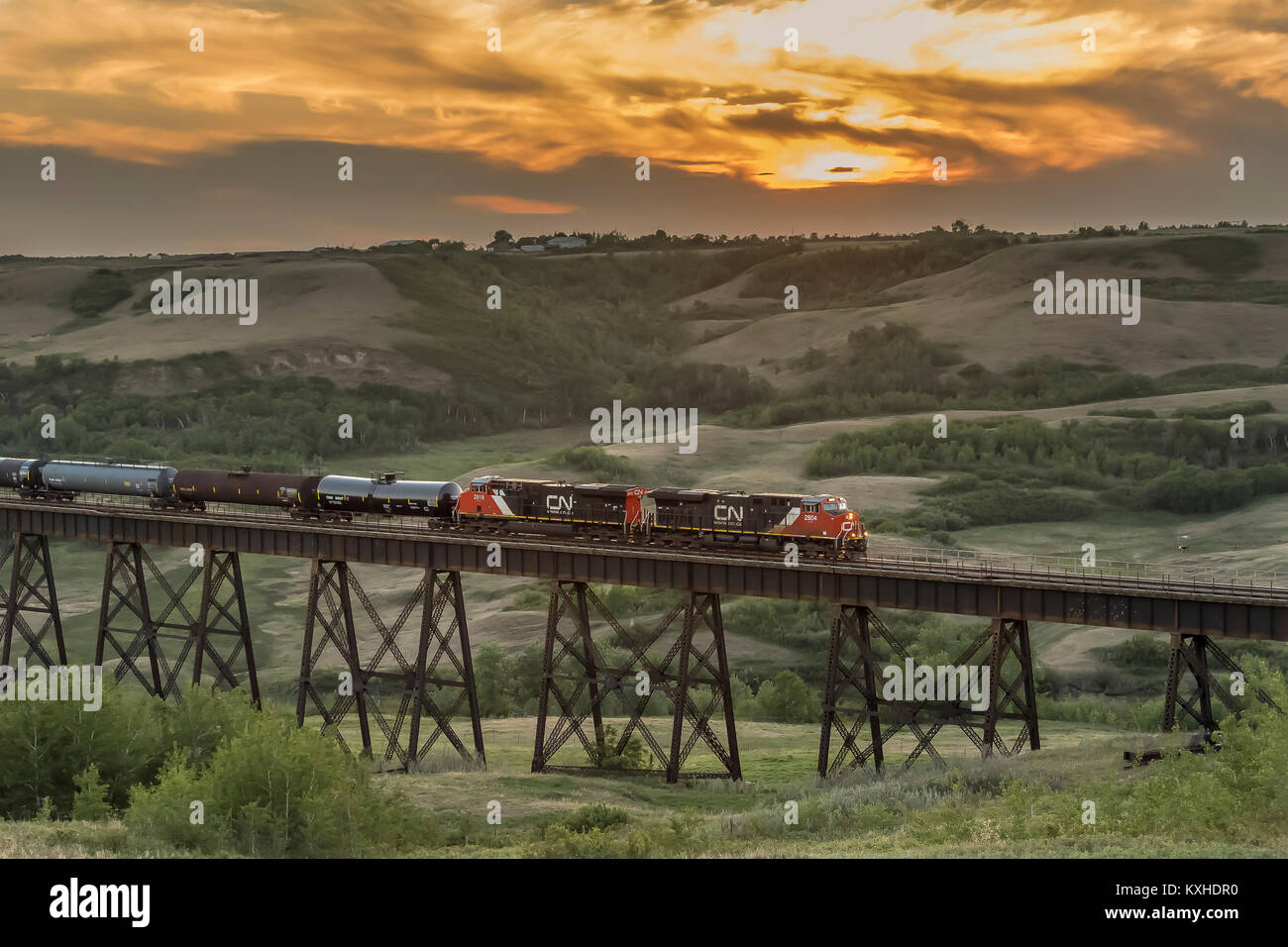 CNR loco 2804 leads manifest train eastbound over Fabian trestle bridge ...