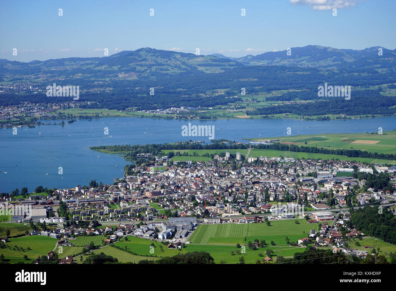 View of Lachen and lake Zurich in Switzerland Stock Photo