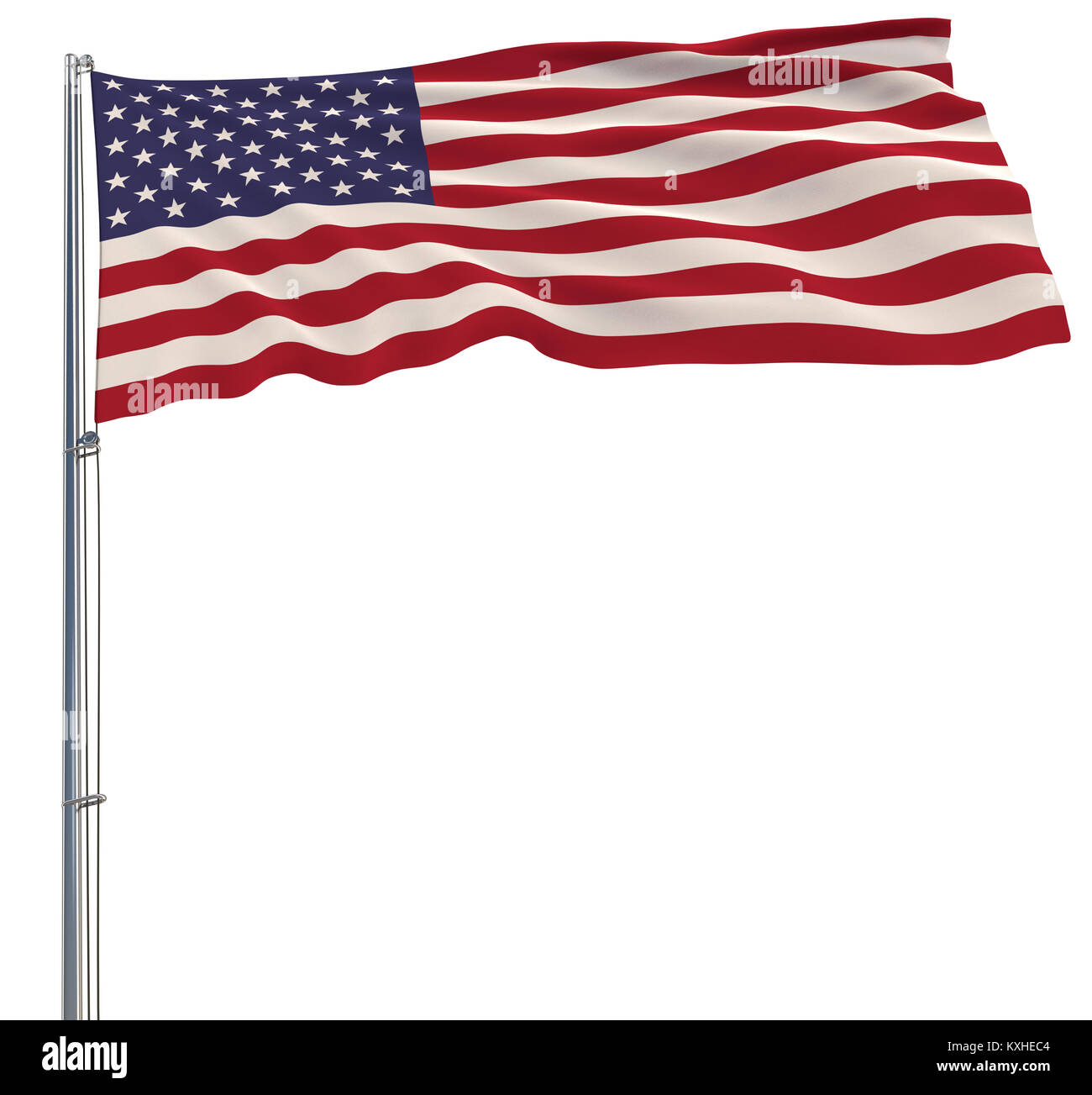 Isolate flag of USA on a flagpole fluttering in the wind on a white background, 3d rendering Stock Photo