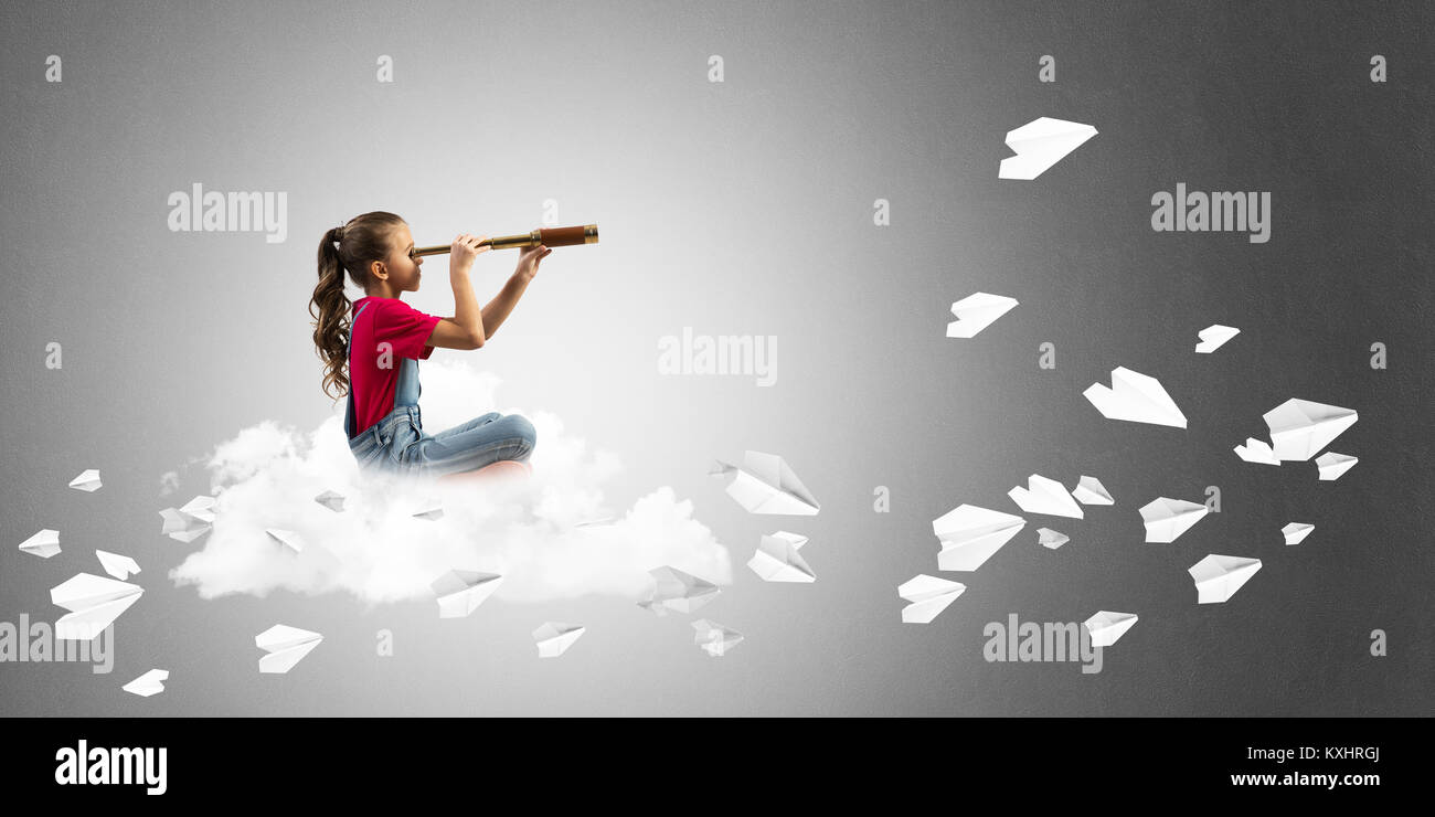 Cute kid girl sitting on cloud looking in spyglass and paper planes ...