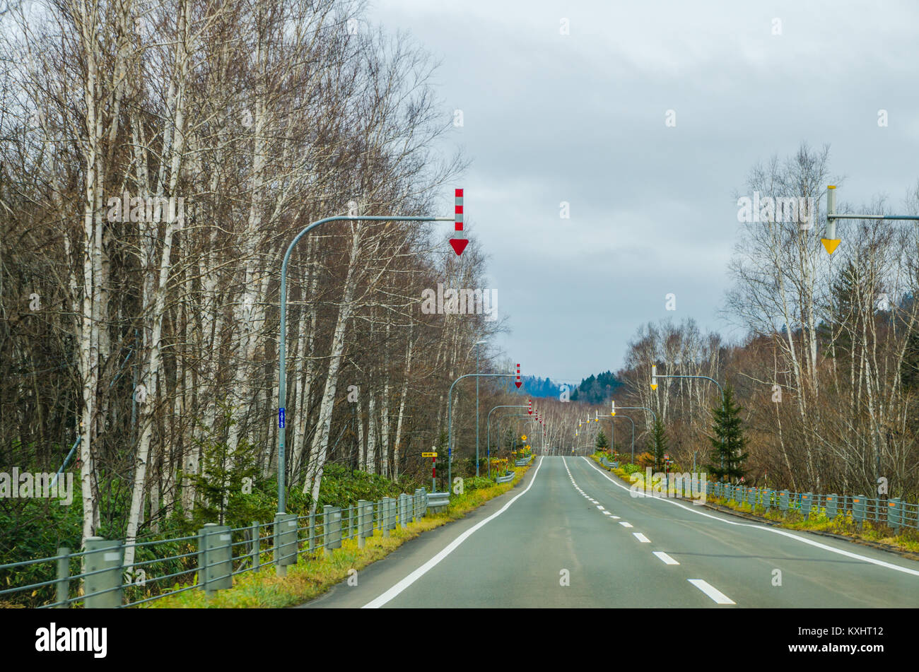 Beautiful view along the road from Chitose Airport to Furano, a small town located in Hokkaido, Japan. Driving in Hokkaido is an amazing experienced Stock Photo