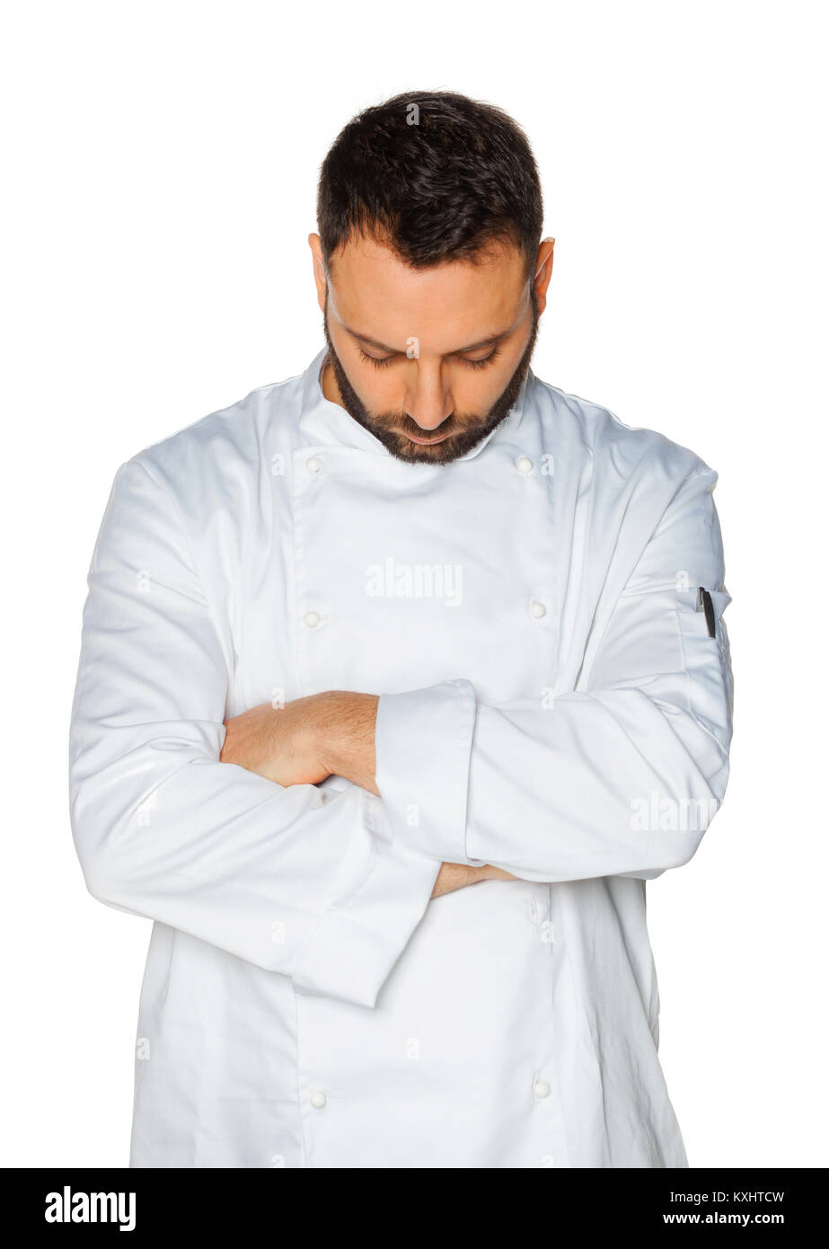 Young chef  sleeping in white uniform isolated on white background. Stock Photo