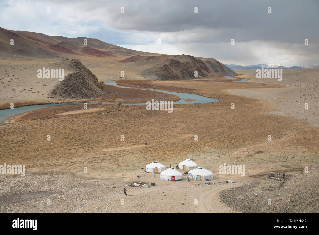 Mongolian landscape gers Kazakh family river winter cloudy Mongolia Stock Photo