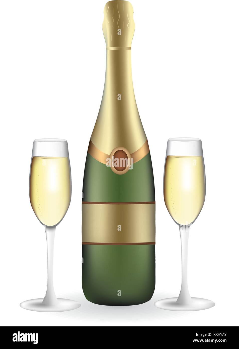 Champagne bottle with two full wineglasses, vector Stock Vector