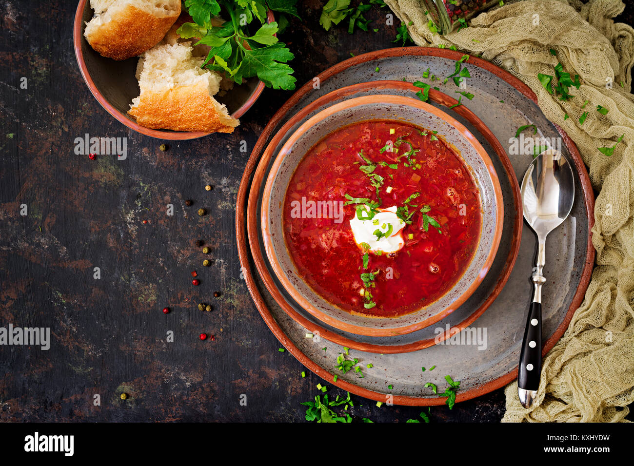 Traditional Ukrainian Russian borscht with beef on the bowl. Top view