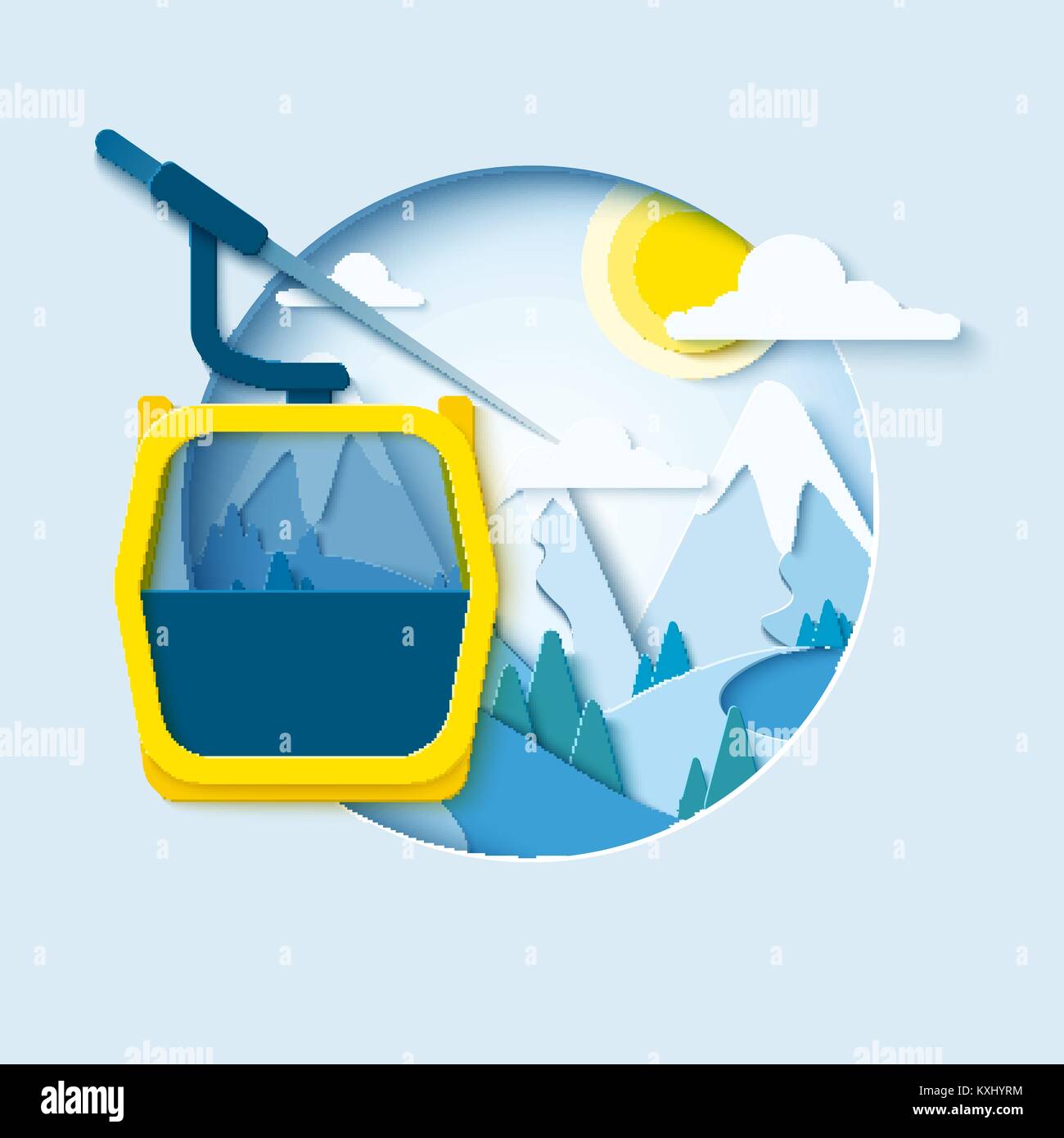 Ski cableway paper cut banner. Winter mountain paper landscape background with ski lift cabine. Vector poster for skiing resort Stock Vector