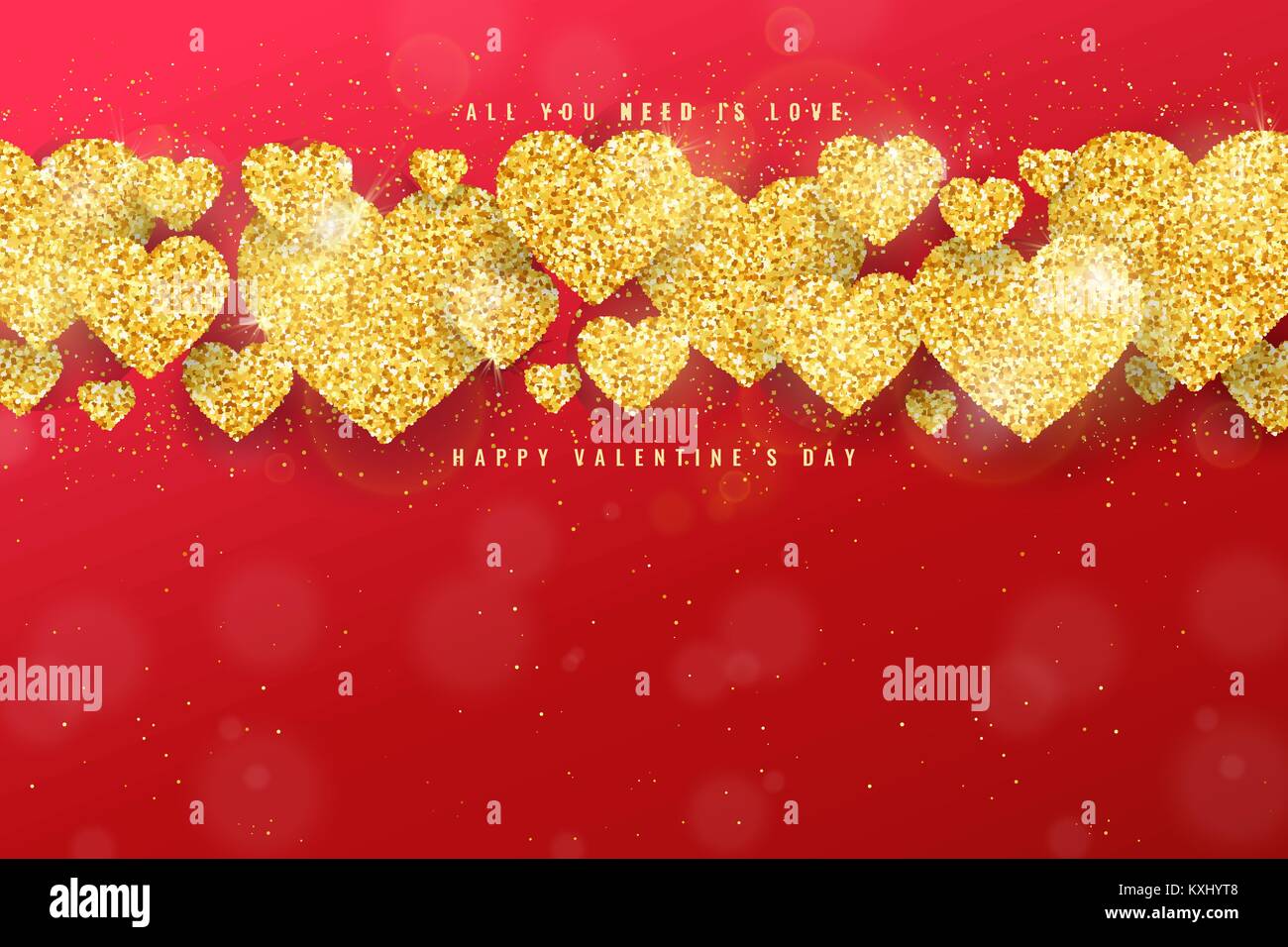 Happy Valentines Day greeting card with gold glittering hearts pattern ...
