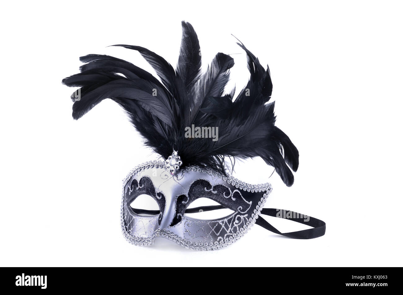 beautiful carnival mask with black feather isolated on white background