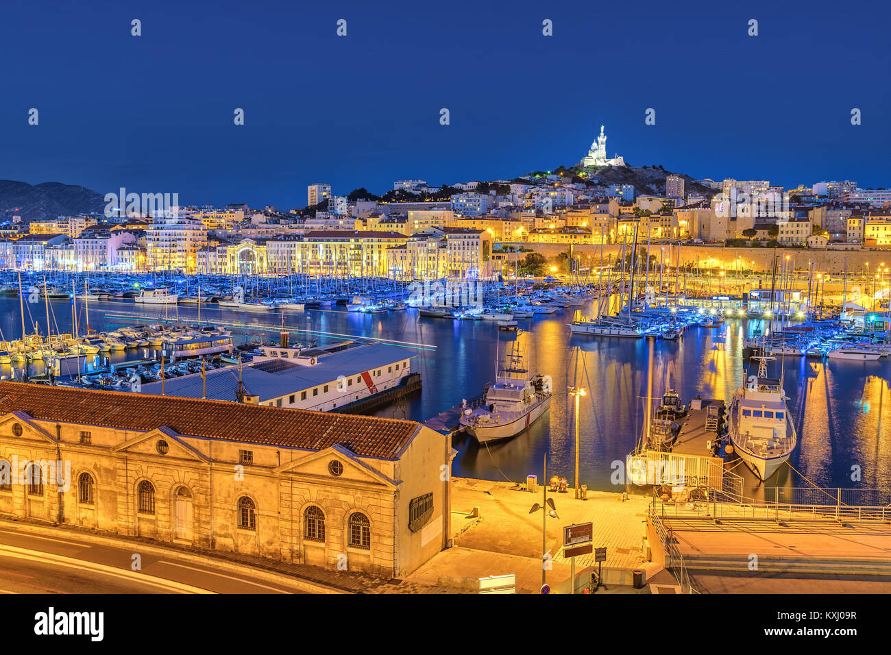 Marseille night city skyline at harbour, Marseille, France Stock Photo ...