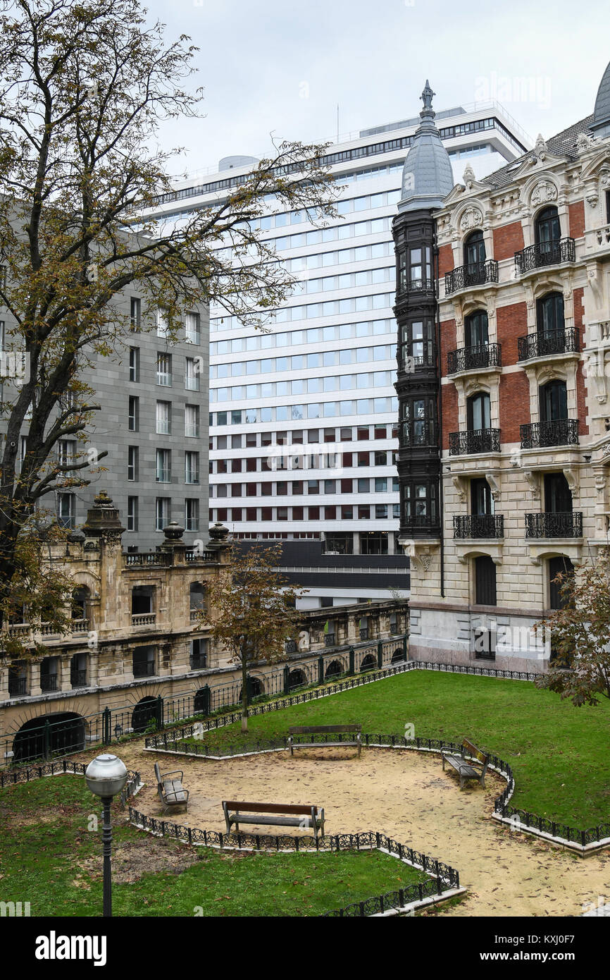 Square in the Ensanche of Bilbao with the Albia building in the background Stock Photo