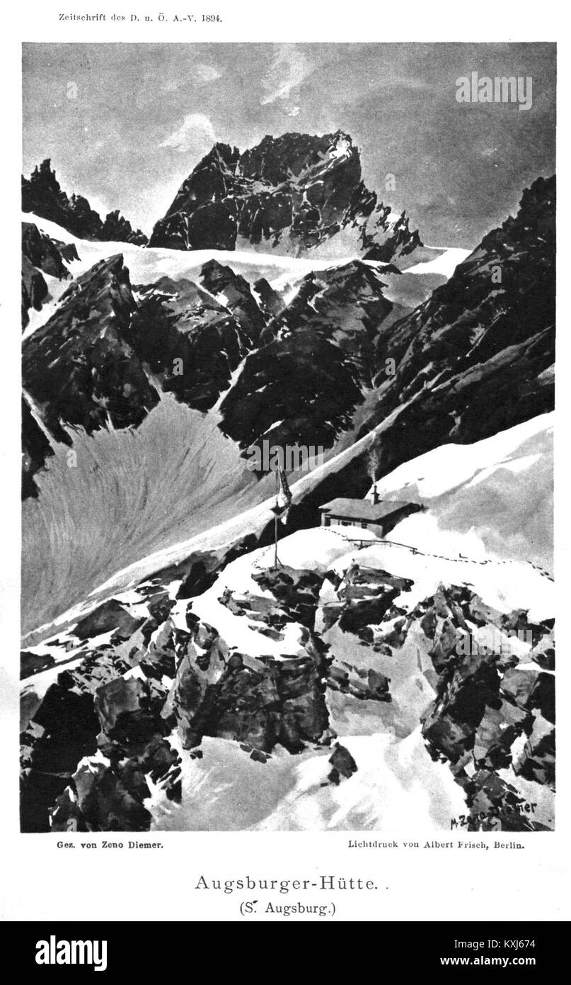 Augsburger-Hütte was an alpine hut in the German Alps, serving as a shelter for mountaineers and hikers, highlighting the region's historical role in alpine tourism and mountaineering. Stock Photo