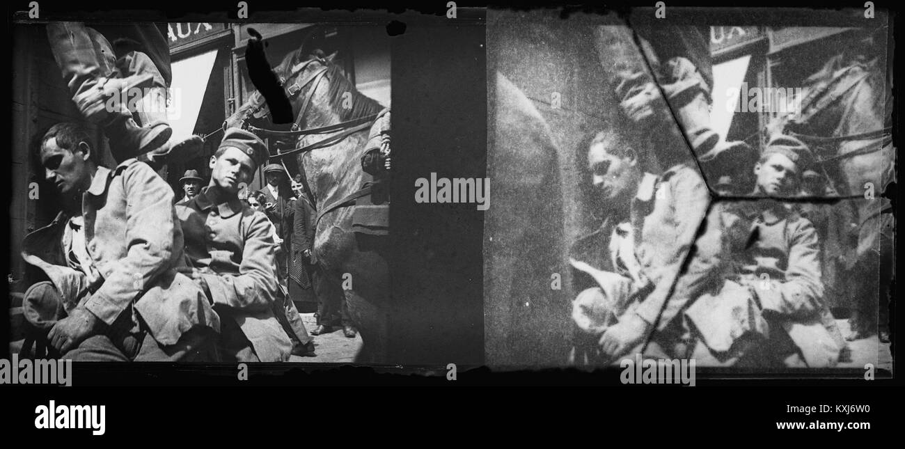 This photograph from June 8, 1915, shows German prisoners of war captured during World War I in Amiens, France. The image captures the moment of their capture, providing insight into the human cost of the conflict. Stock Photo