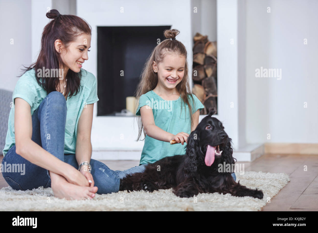 Smiling mother looking at daughter brushing dog hair in living room at home Stock Photo