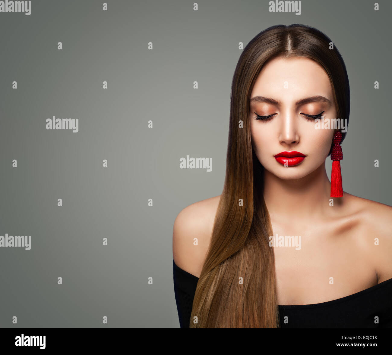 Beautiful Woman With Event Makeup And Closed Eyes Red Lips Make Makeup And Closed Eyes Red Lips Make