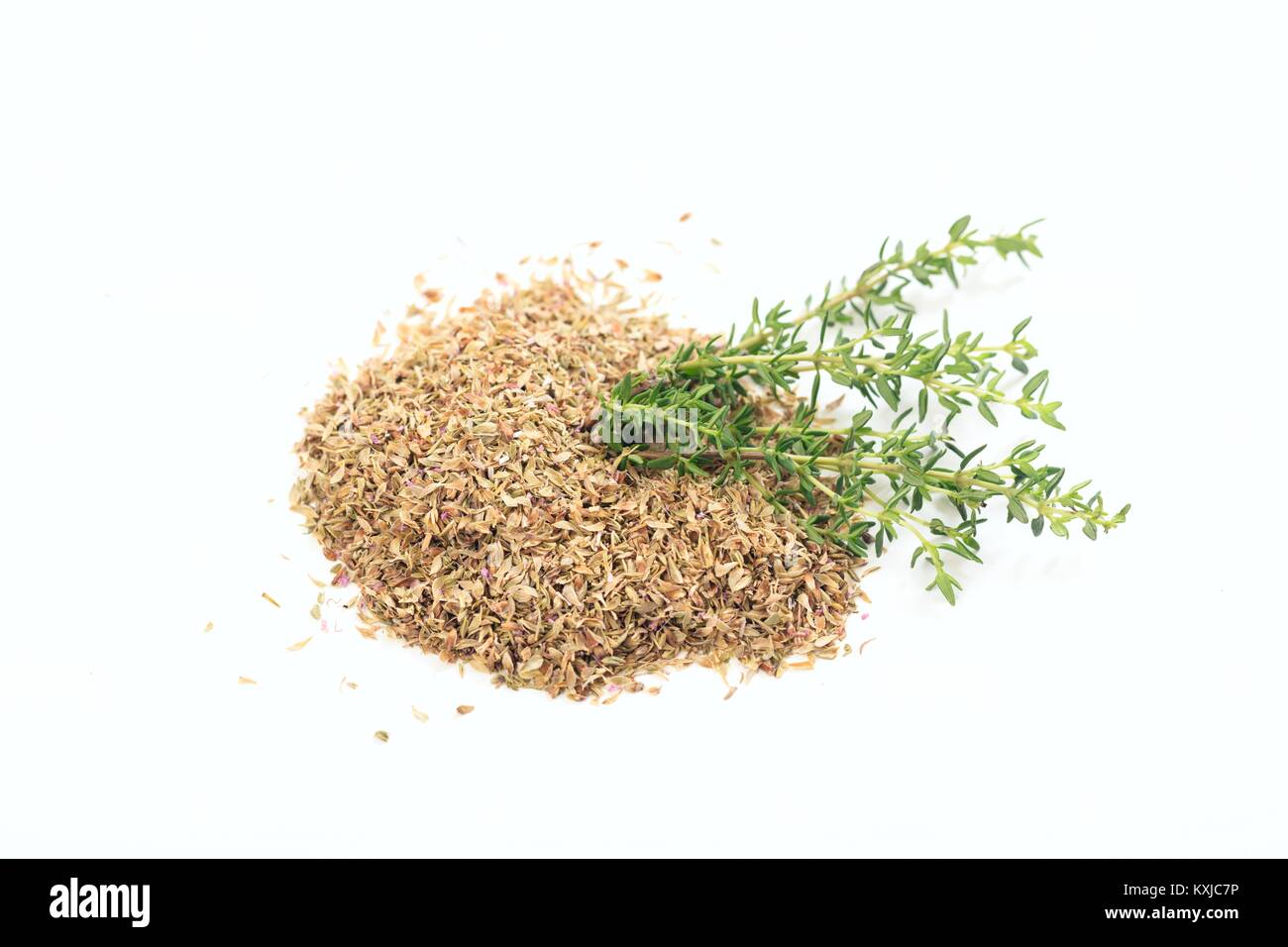Thyme fresh and dried on white background Stock Photo Alamy