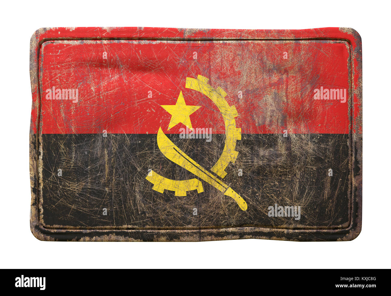 3d rendering of a Republic of Angola flag over a rusty metallic plate ...