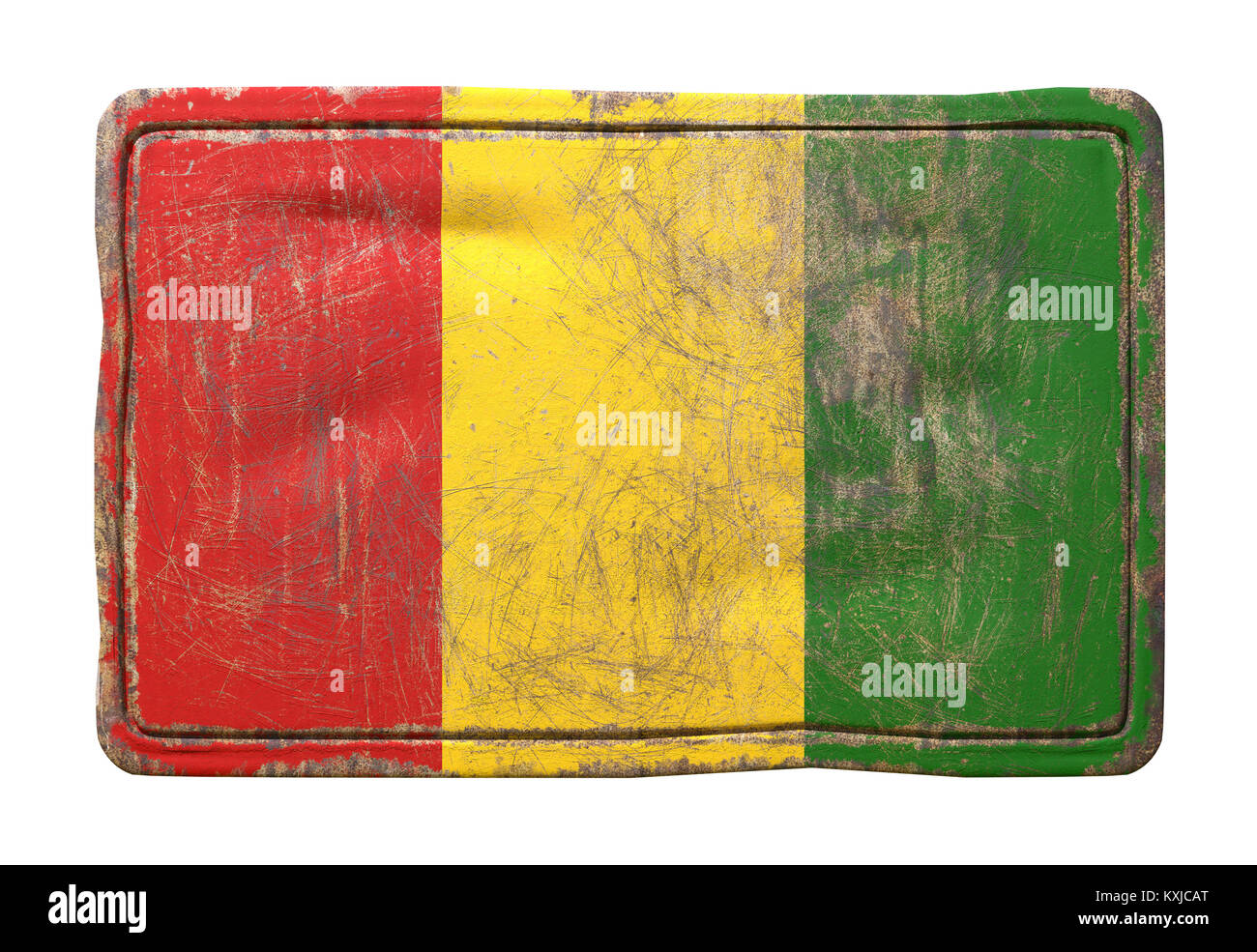 3d rendering of a Guinea flag over a rusty metallic plate. Isolated on ...