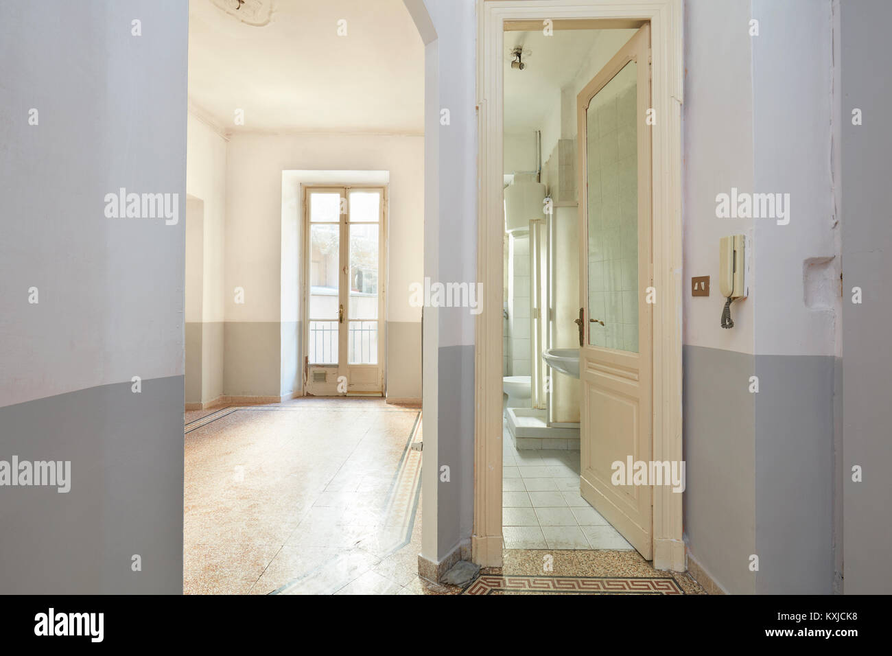Old apartment interior with bathroom and living room Stock Photo - Alamy