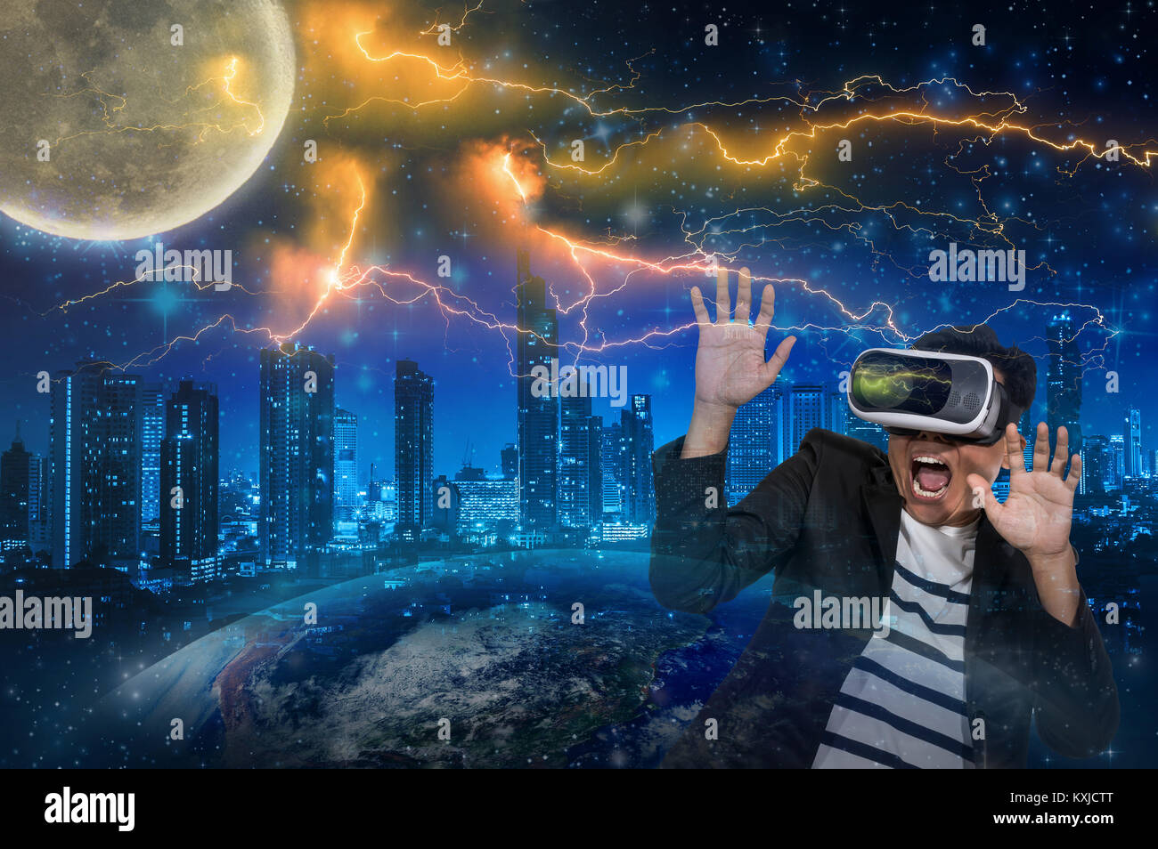 Double exposure of Asian man wearing virtual reality in scared action ...