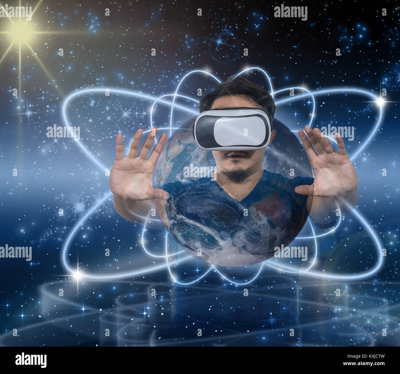 Double exposure of Asian man wearing virtual reality over star with the ...