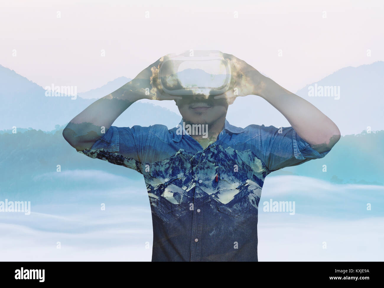 Double exposure Asian Man wearing virtual reality with snow mountain ...