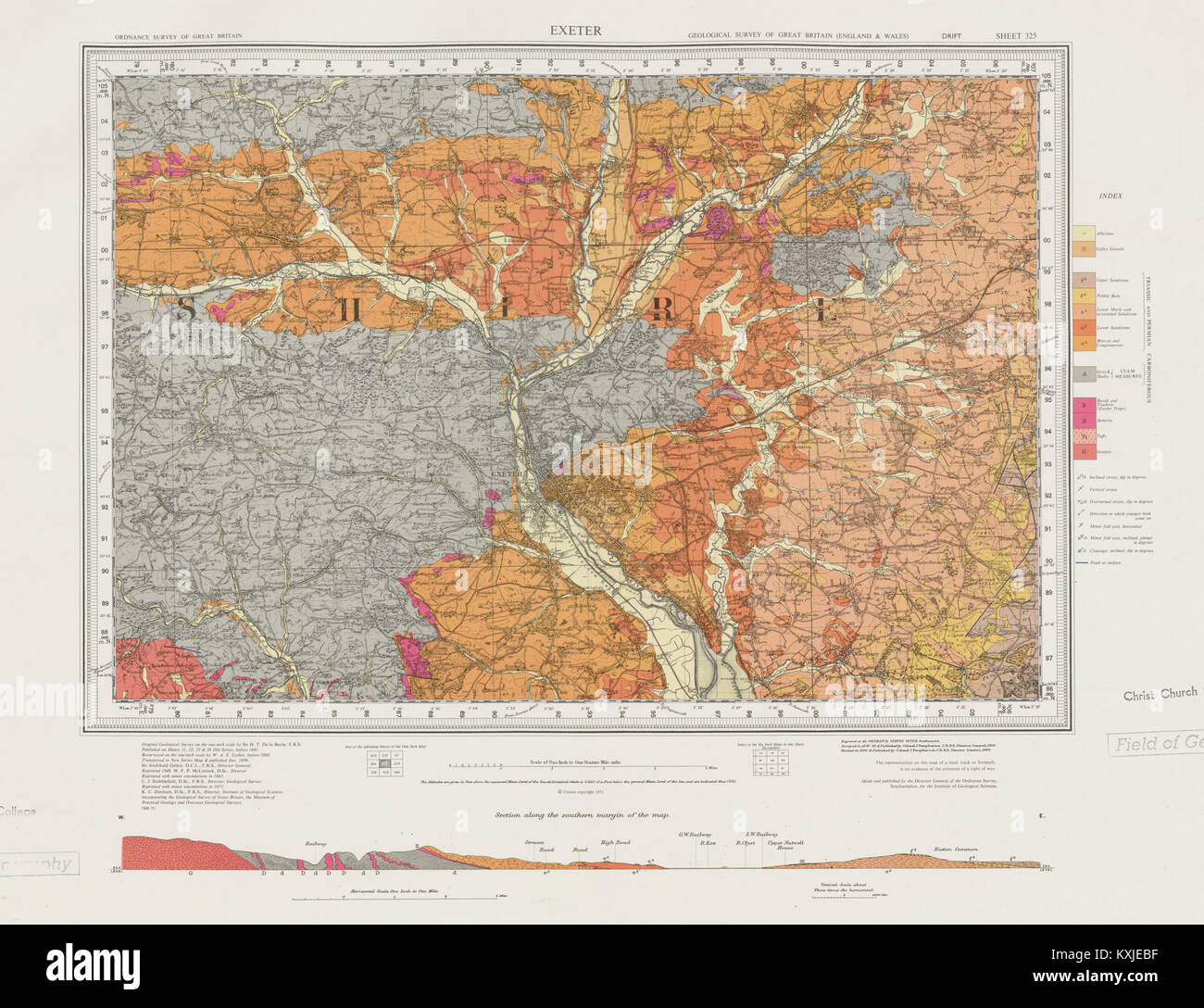 Exeter. Vintage geological survey map. Sheet 325. Devon River Exe 1971 old Stock Photo