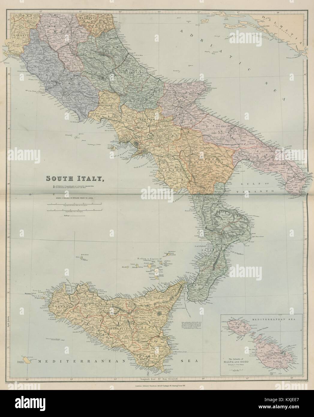 South Italy. Sicily Calabria Puglia Abruzzo Lazio Campania. STANFORD 1896  map Stock Photo - Alamy