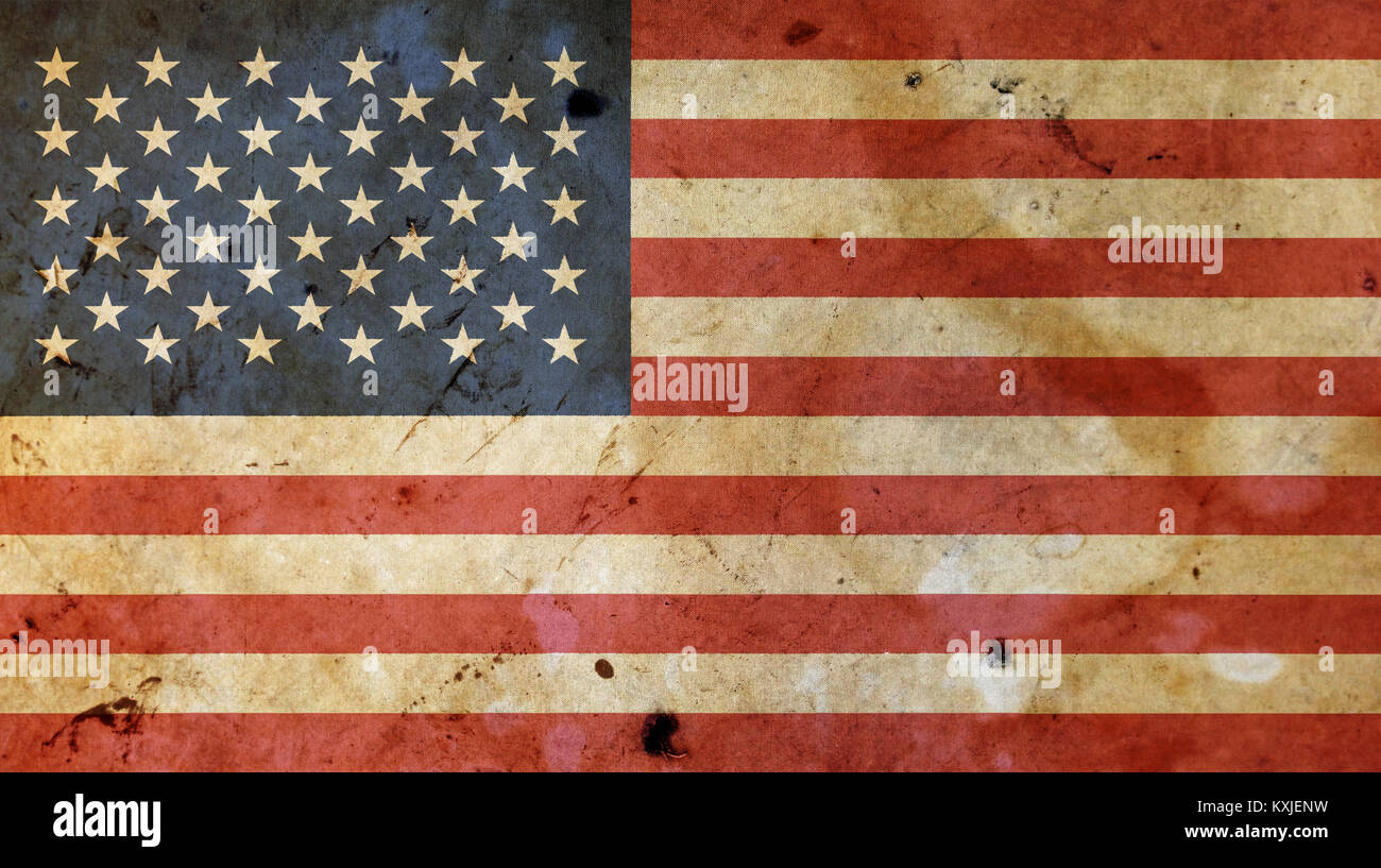 Old grunge vintage American US national flag graffiti over background of aged worn weathered linen sailcloth canvas Stock Photo