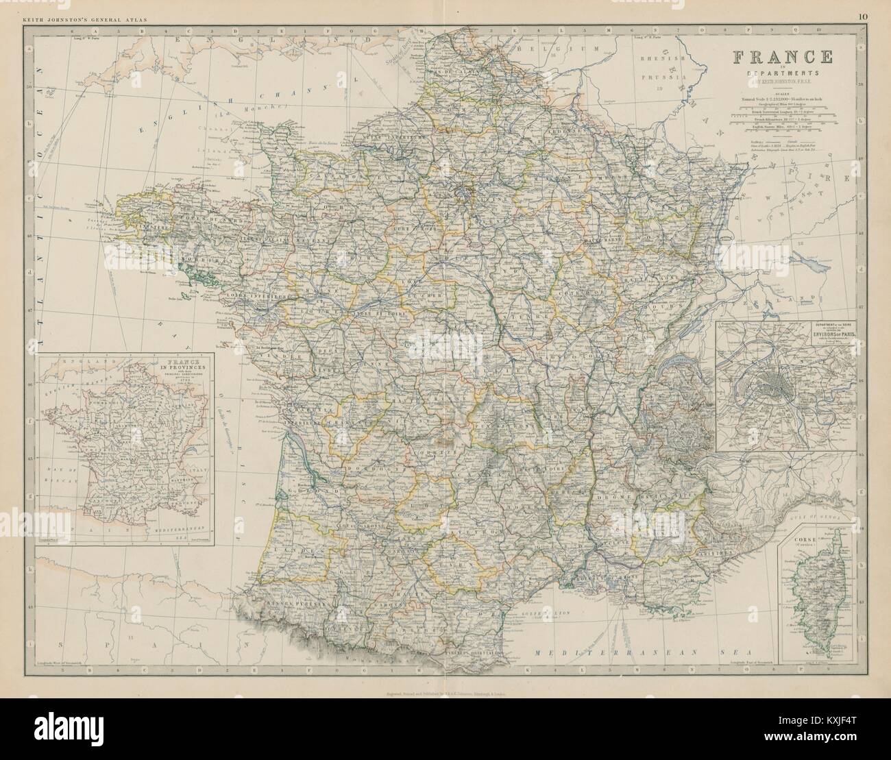 France in Departments. Departements. Large 50x60cm. JOHNSTON 1879 old map Stock Photo