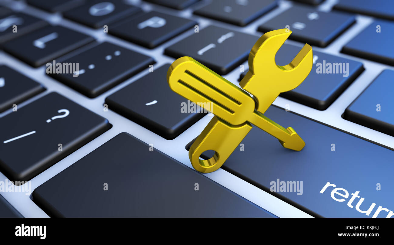 Computer service and assistance concept with a golden work tool icon on a laptop keyboard 3D illustration. Stock Photo
