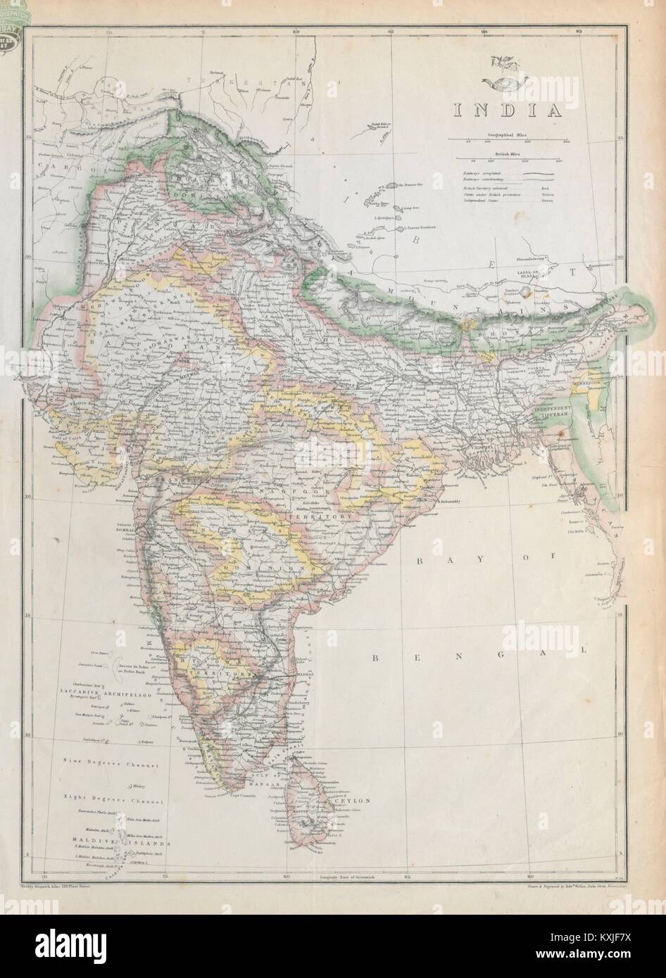 INDIA British/protected/ind states.Completed & planned railways.WELLER c1863 map Stock Photo