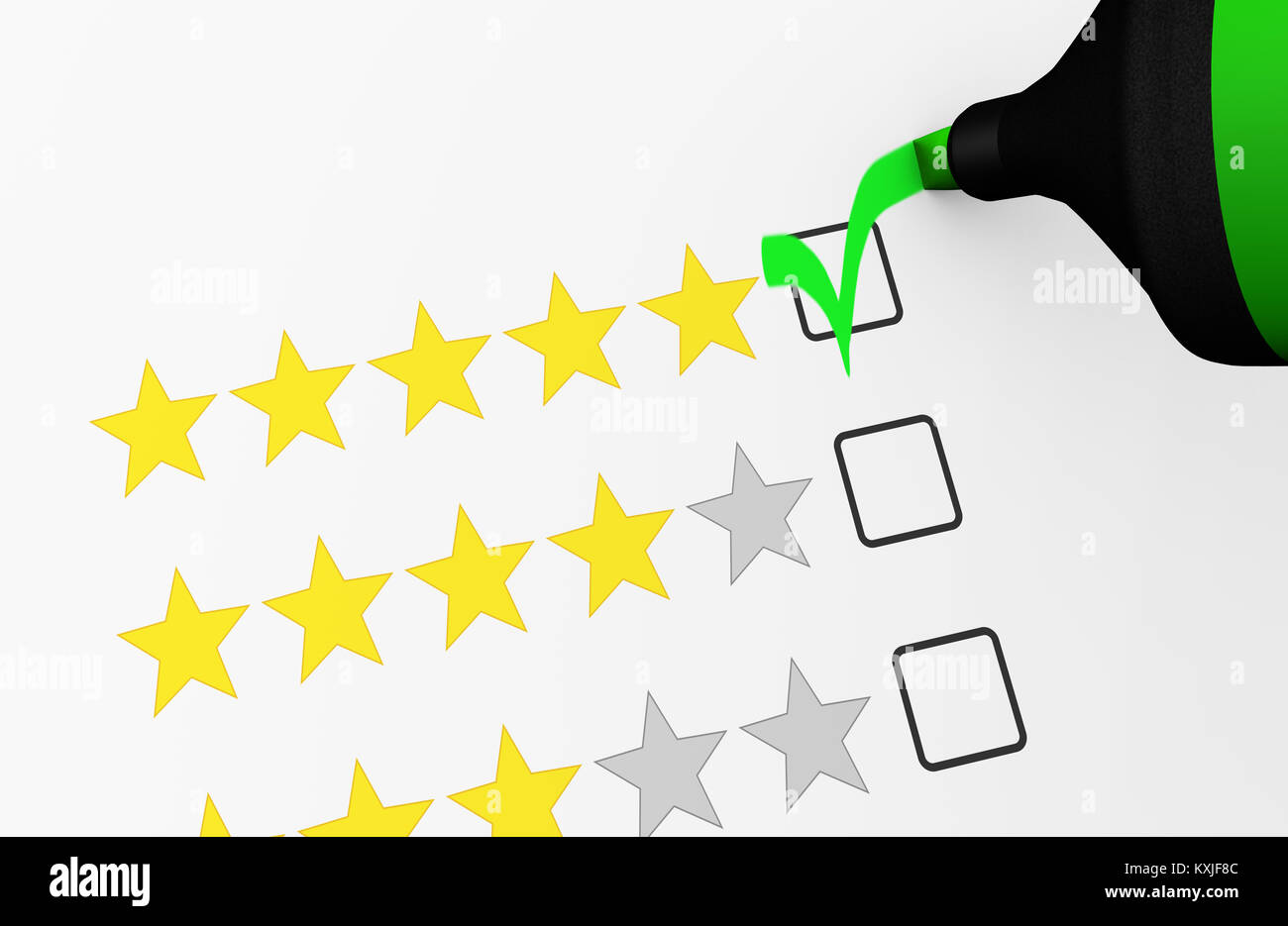 Business quality control checklist concept with five stars rating feedback of an happy customer 3D illustration. Stock Photo