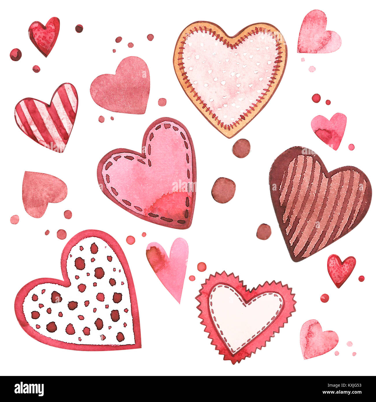 Hand drawn hearts. Watercolor Pink set of elements for Valentine's day ...