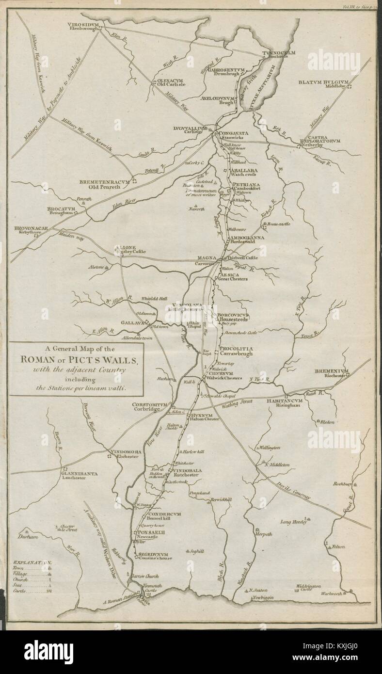 Hadrian's Wall. 'A map of the Roman or Picts' walls…'. CARY 1789 old Stock Photo