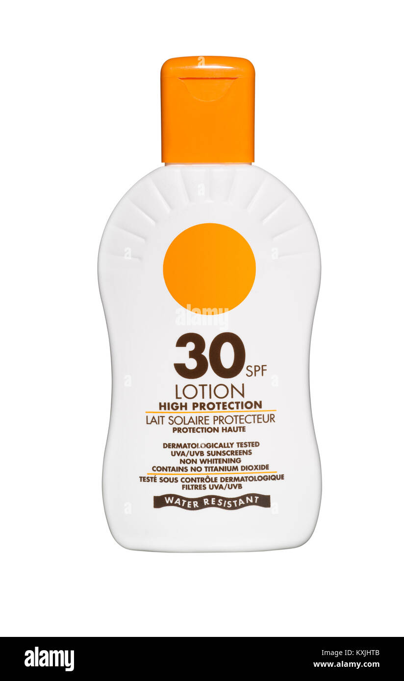 A cut out shot of a bottle of sun protection cream Stock Photo