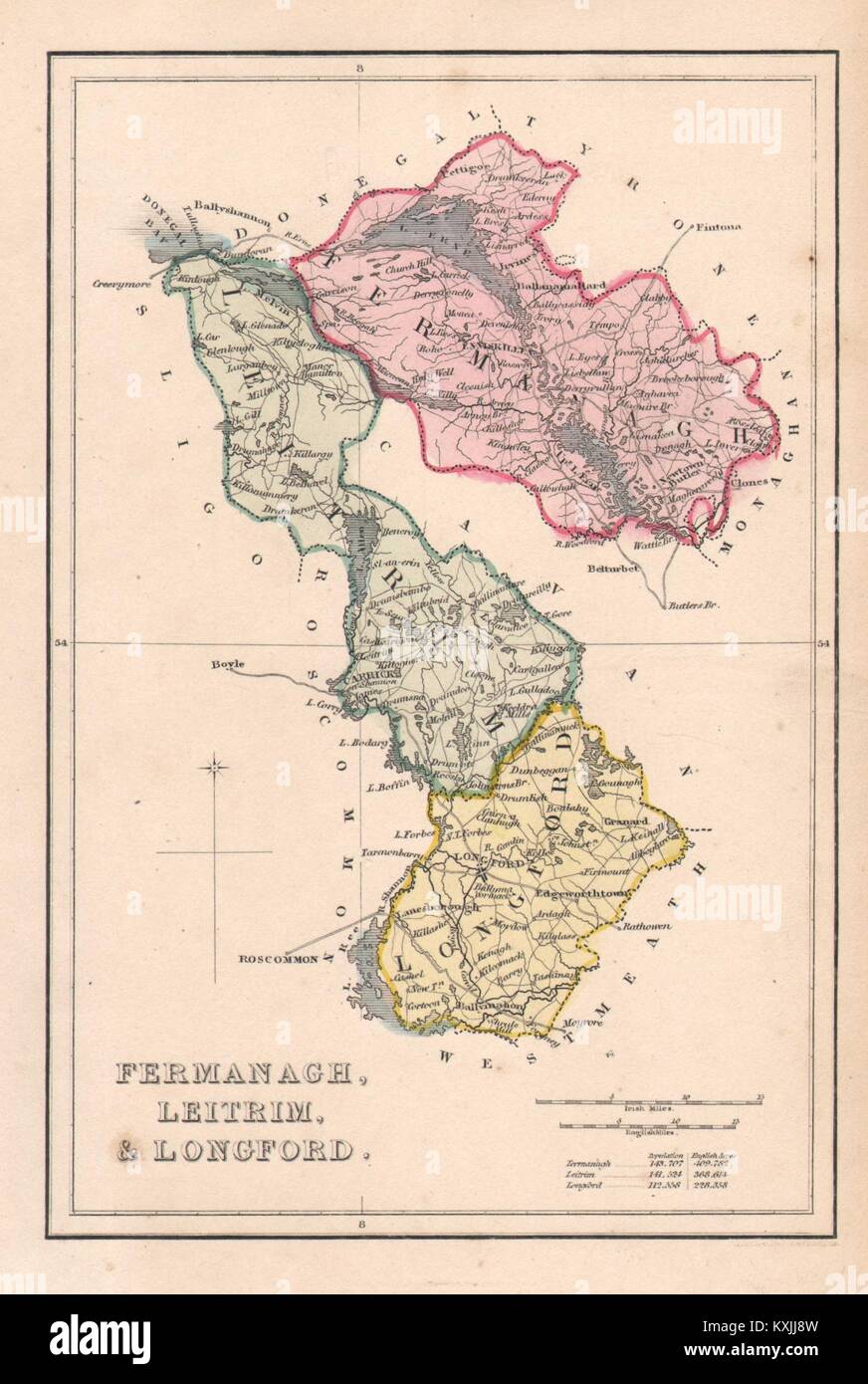 Antique FERMANAGH, LEITRIM, & LONGFORD county map. ADLARD. Ireland Ulster c1841 Stock Photo