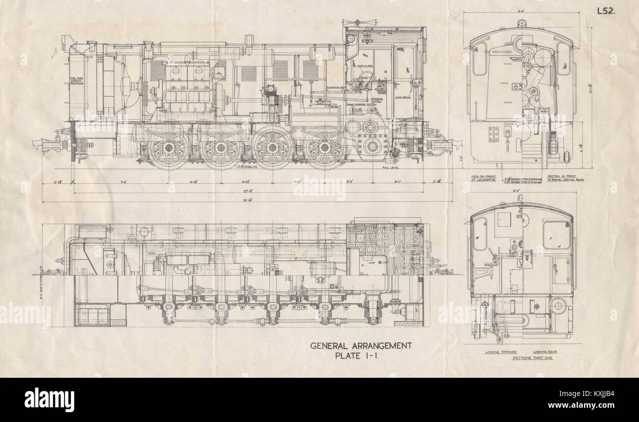 Locomotive plan section drawing. Plate I-I. L52. Trains railways 1930 print Stock Photo