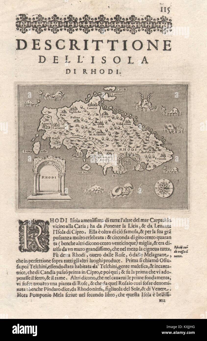 'Descrittione dell' Isola di Rhodi'. PORCACCHI. Rhodes Dodecanese 1620 old map Stock Photo