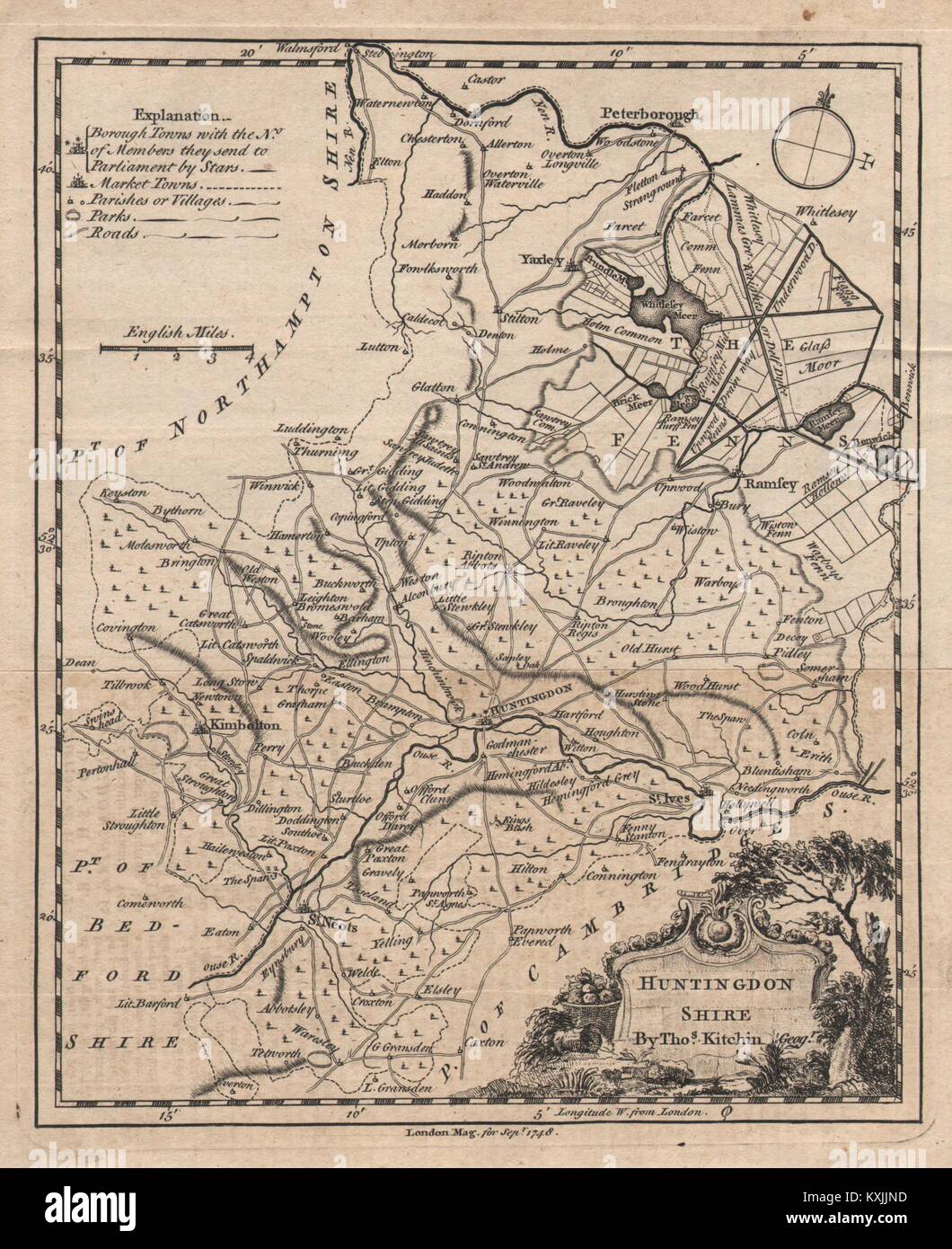 Antique county map of Huntingdonshire by Thomas KITCHIN 1748 old Stock Photo