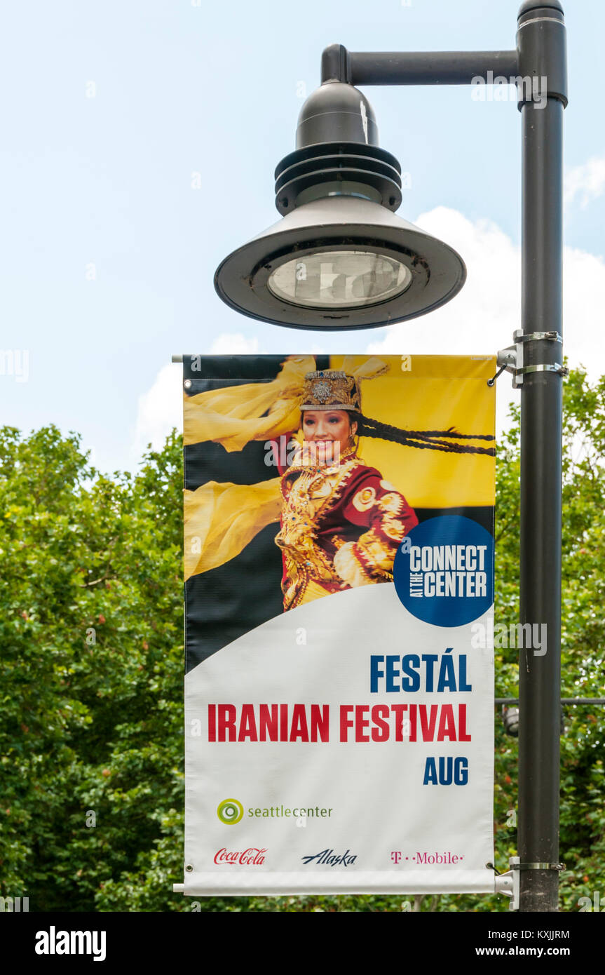A sign for an Iranian Festival at the Seattle Center. Stock Photo