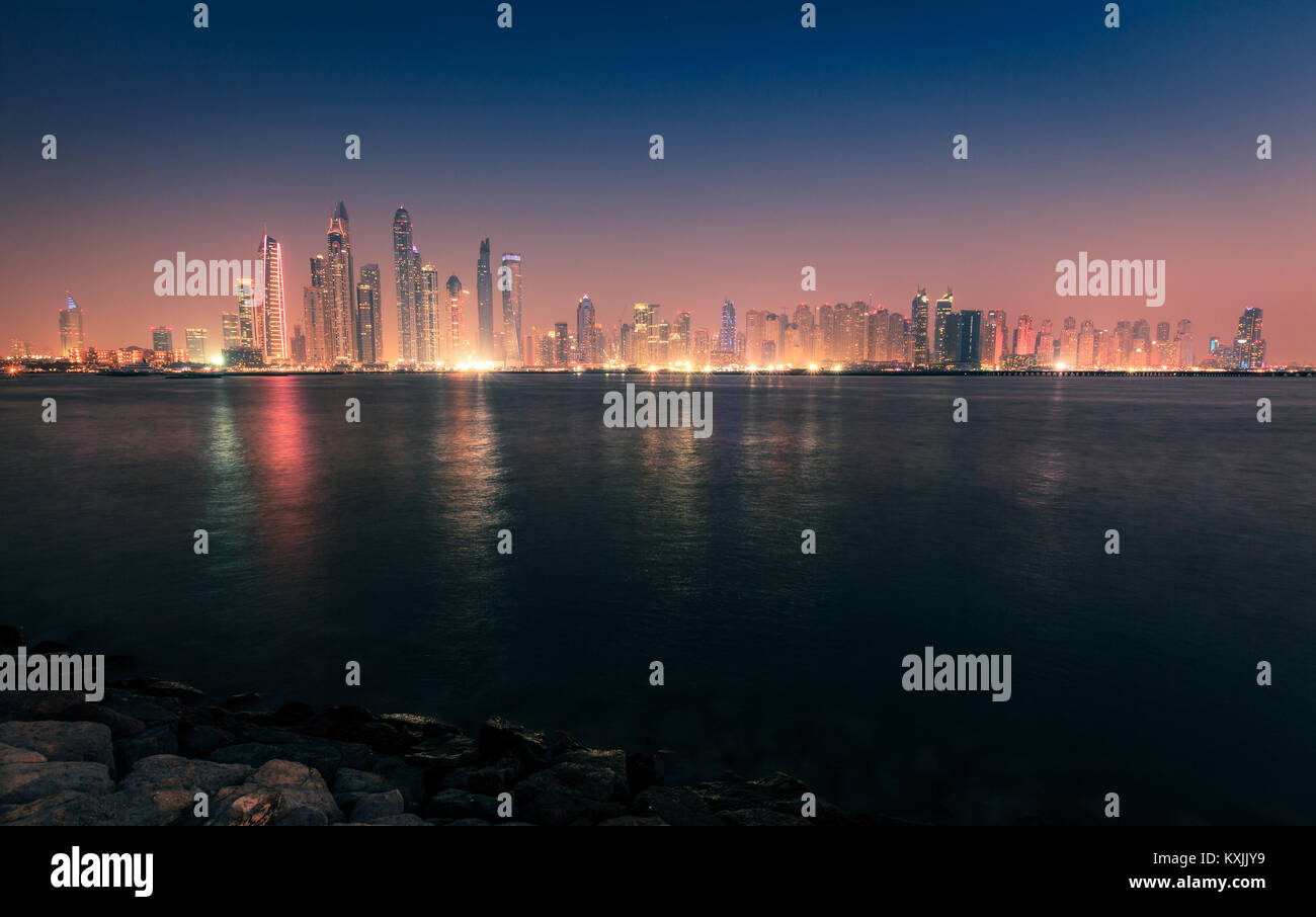 Nighttime view of Dubai Marina skyline in 2016 Stock Photo