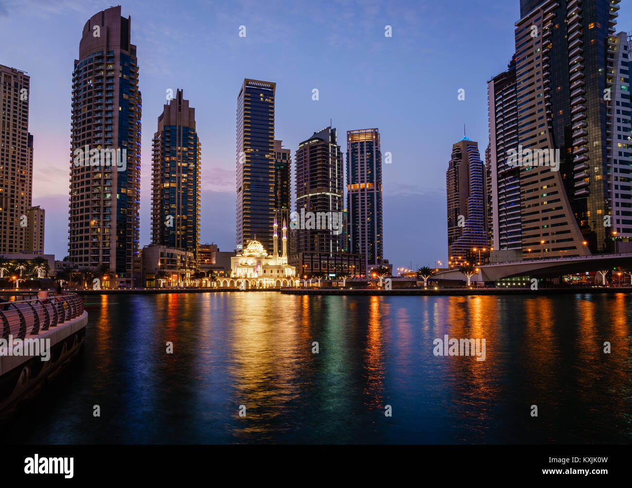 Mohammed Bin Ahmed Almulla Mosque in Dubai Marina at night Stock Photo