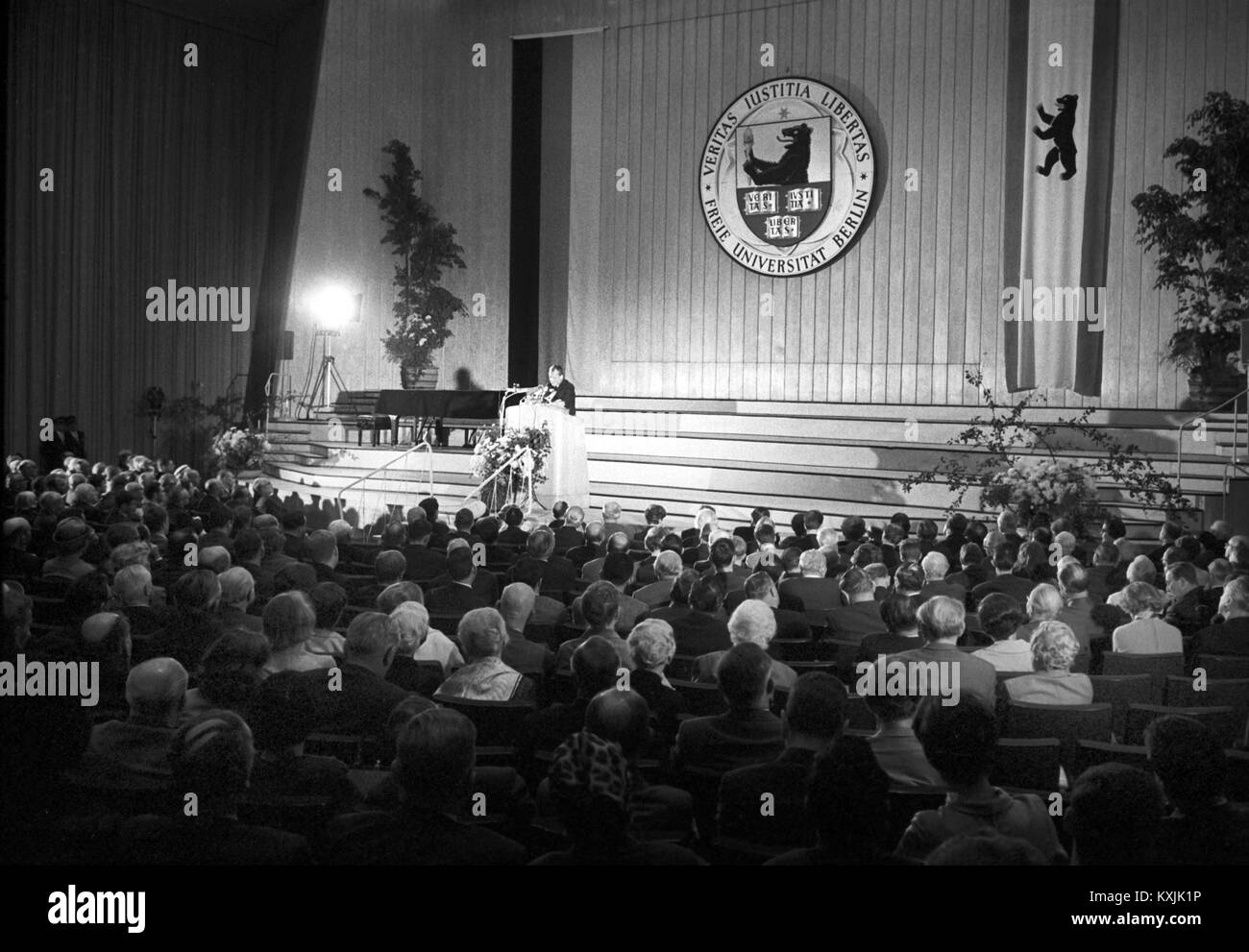 Federal foreign minister Willy Brandt (SPD) during his - undisturbed - speech. About 50 students tried to disturb the ceremony on the occasion of Walther Rathenau's 100th birthday in the Auditorium Maximum of Berlin University on 06 October 1967. | usage worldwide Stock Photo