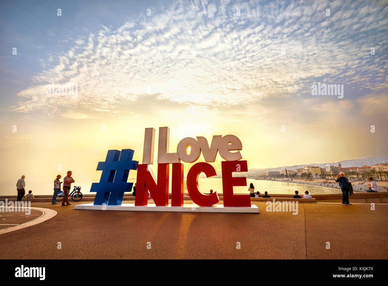 Popular place for tourists with urban art sign on seafront in Nice. France, French riviera Stock Photo
